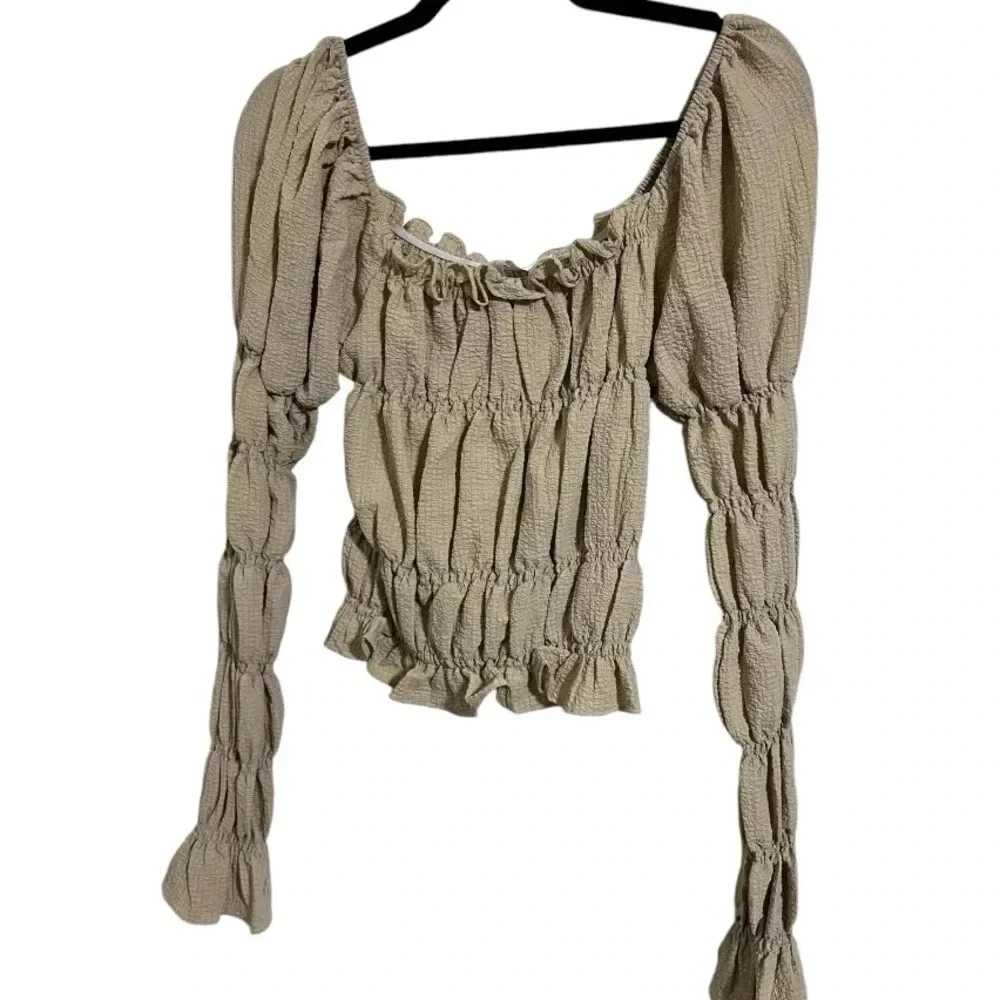 Line & Dot Rayon Blend Pippa Smocked Top Tan/Khaki NWT